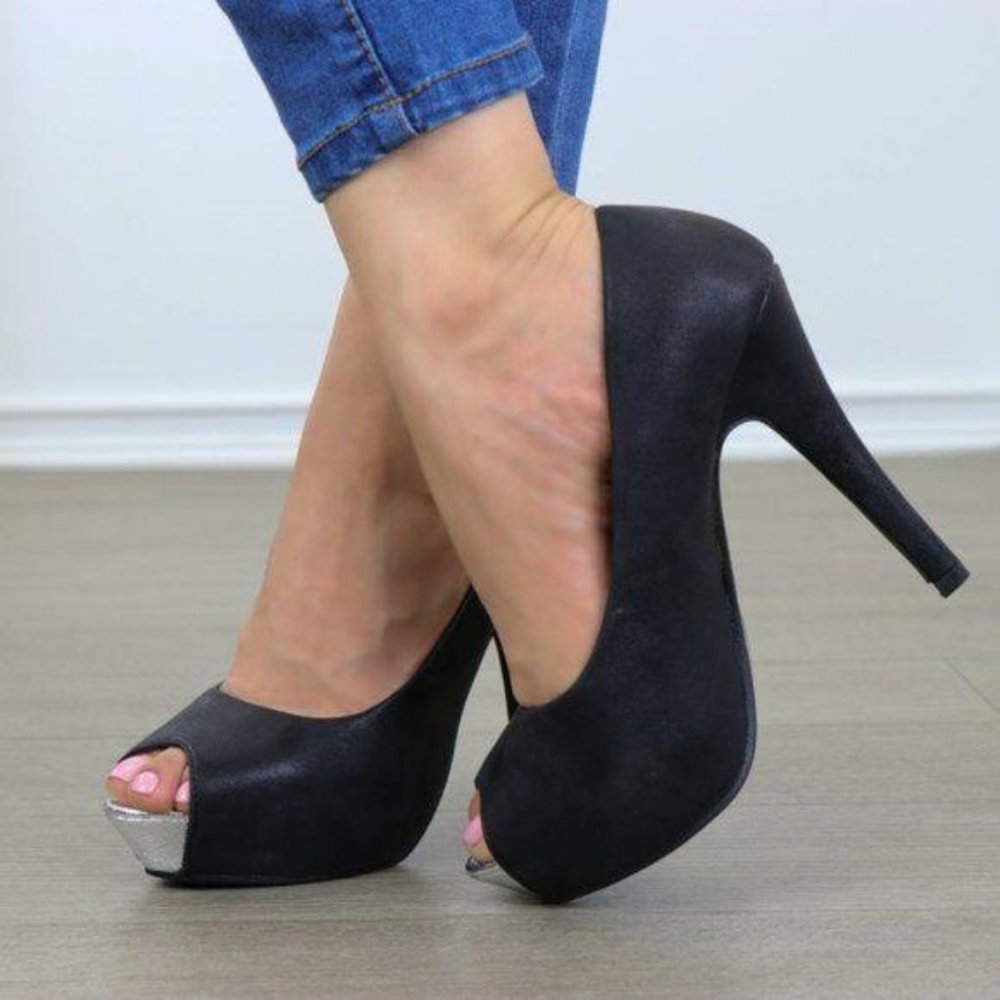 Sexy Black Metallic Peep Toe Platform High Heels - Picture 4 of 9
